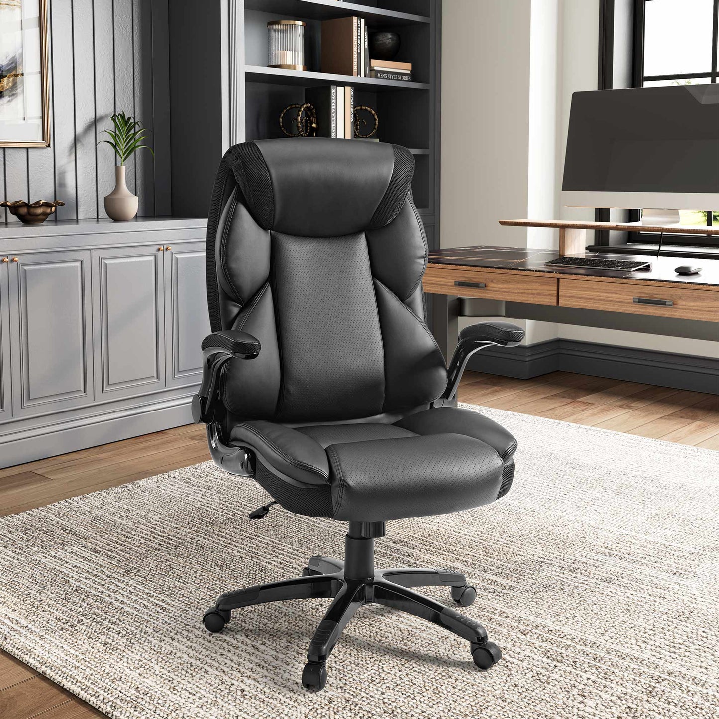 Eureka Ergonomic , Home Office Chair, Black, Lifestyle on hardwood with two drawer standing desk,XL