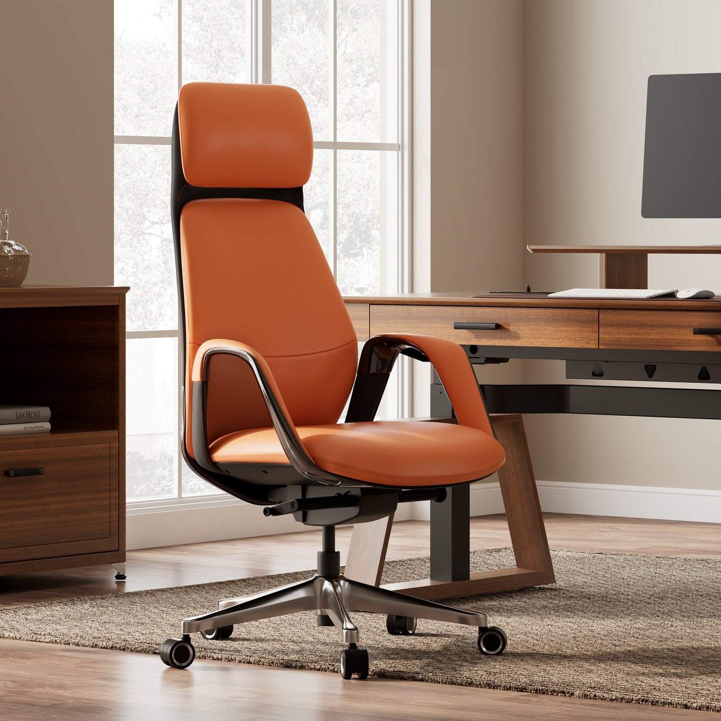 Eureka Ergonomic Comfy Leather Executive Office Chair Luxury Napa Leather, Orange, Featuring Ark Desk