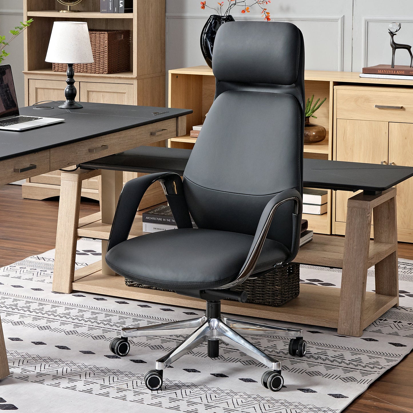 Eureka Ergonomic SERENE Executive Office Chair, Lumbar Support comfy leather executive office chair Luxury Napa Leather, Black, Lifestyle Image with Ark ES