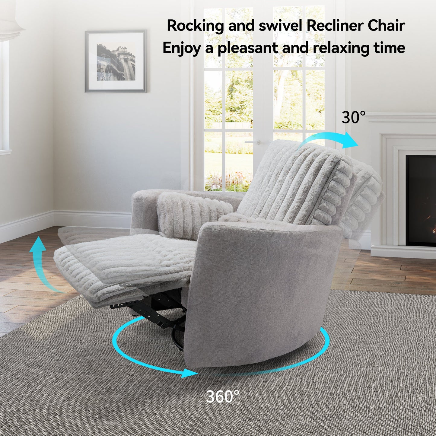 Lucia, Swivel Rocking Manual Recliner Using Faux Mink Fabric and Swivel and tilt capabilities