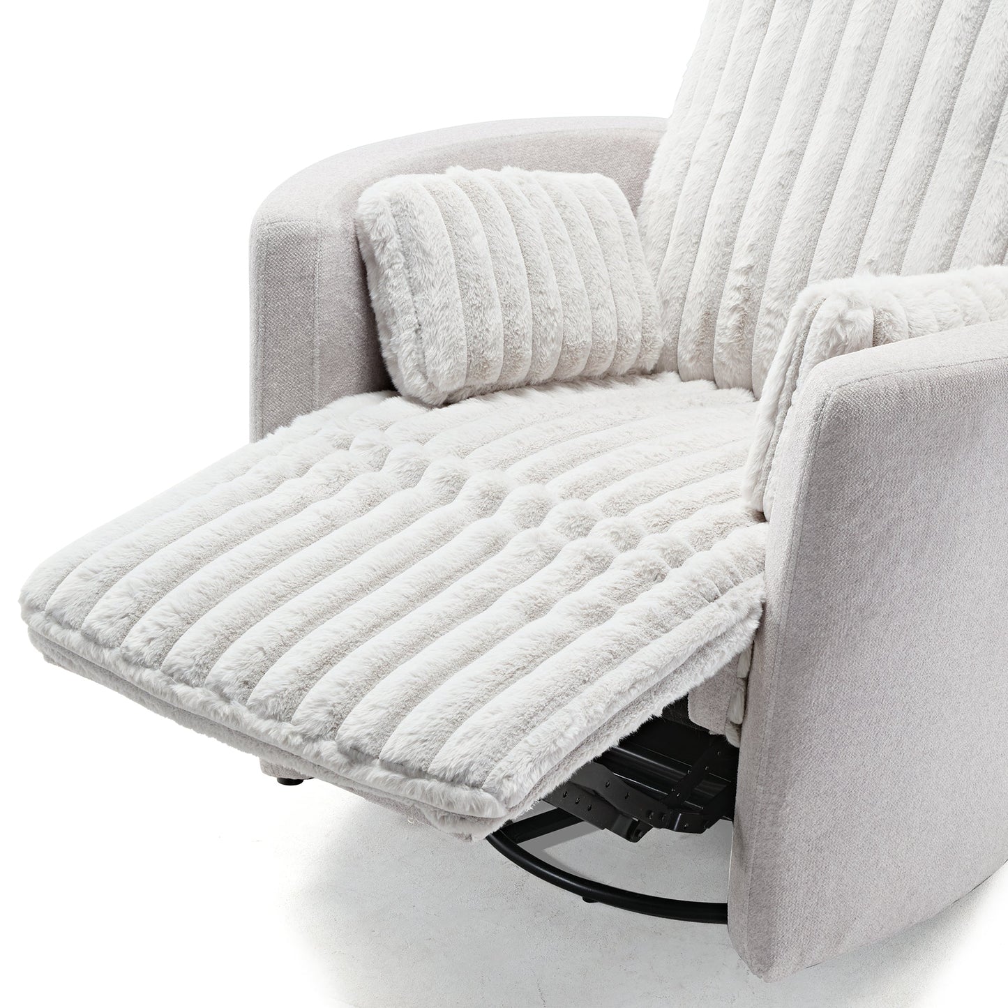 Lucia, Swivel Rocking Manual Recliner Using Faux Mink Fabric and Push button to raise footrest
