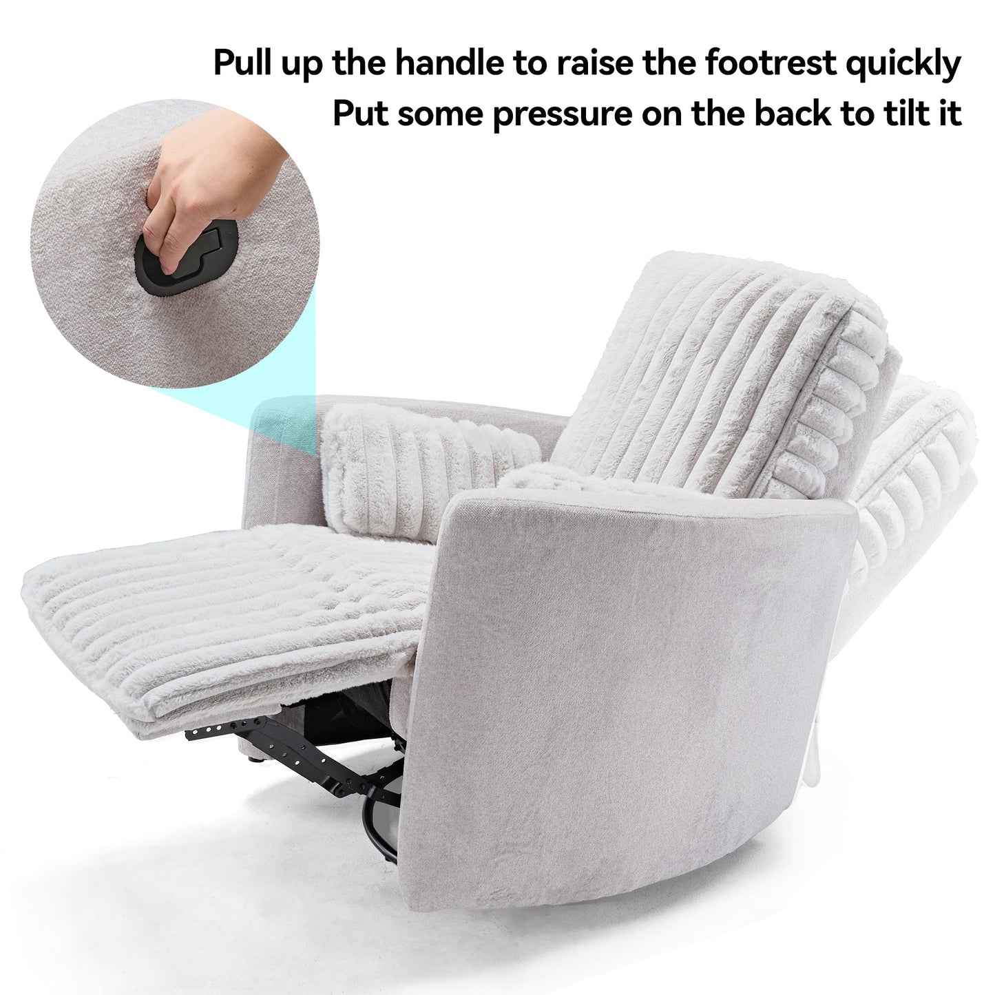 Lucia, Swivel Rocking Manual Recliner Using Faux Mink Fabric and Tilt Operation Method