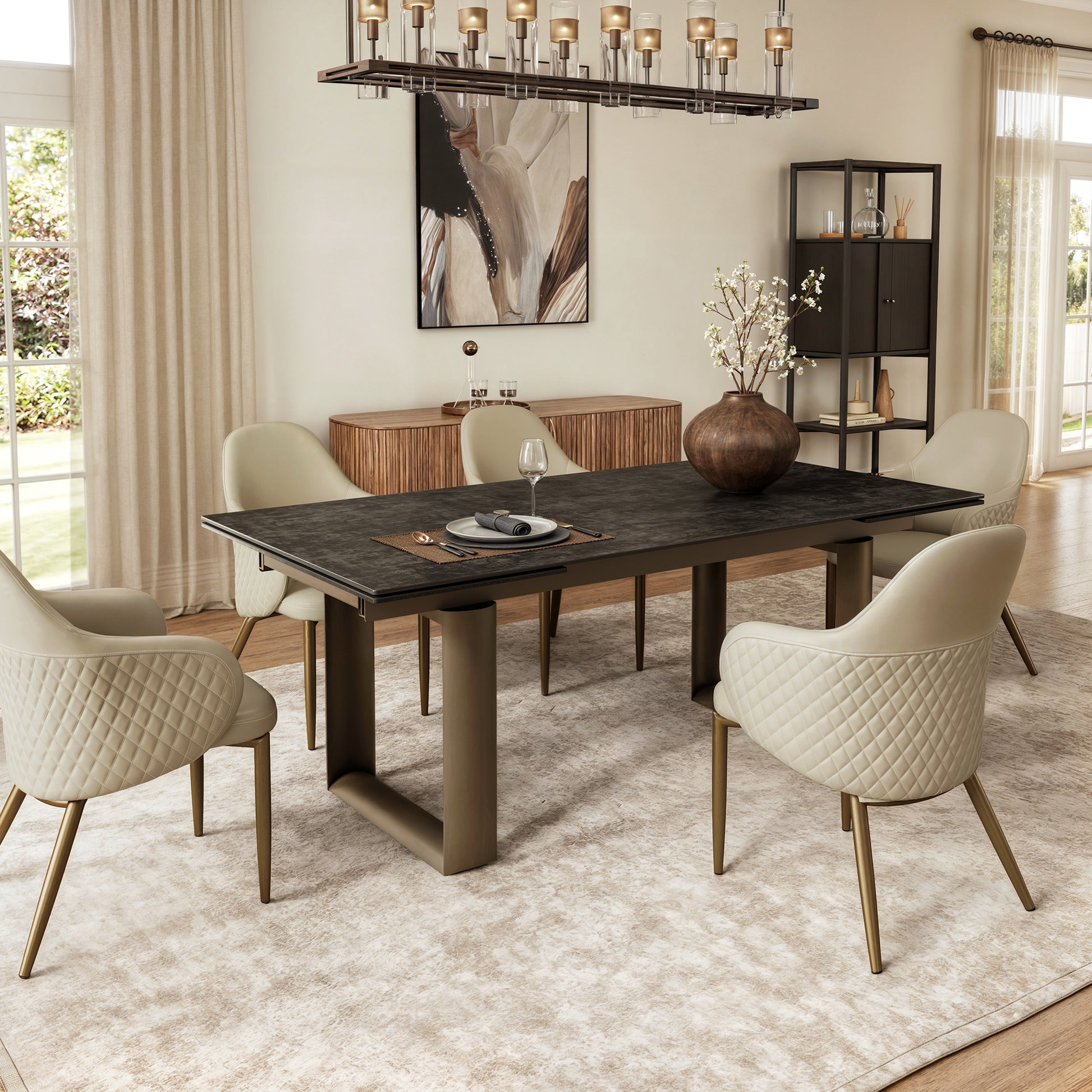 Acalay, Upholstered Dining Arm Chairs Set of 2, Beige Scene Diagram