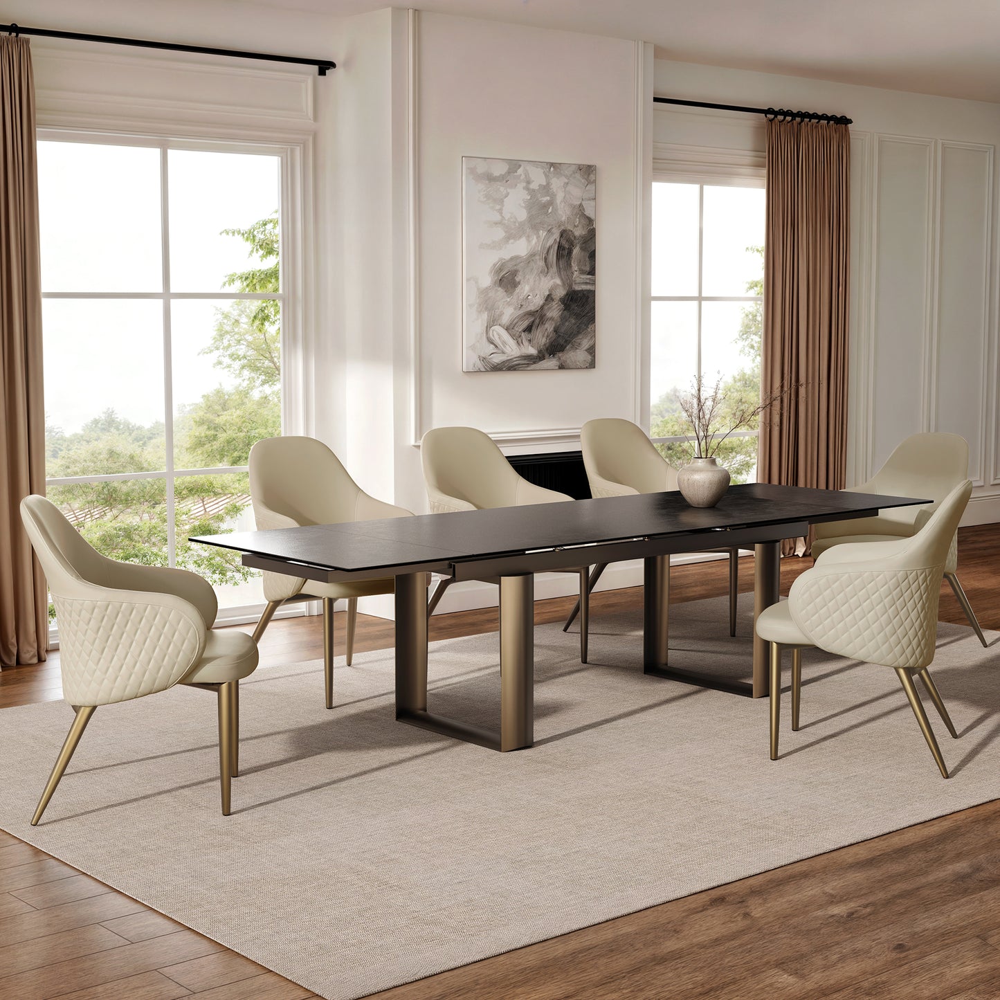 Acalay, Upholstered Dining Arm Chairs Set of 2, Beige Scene Diagram