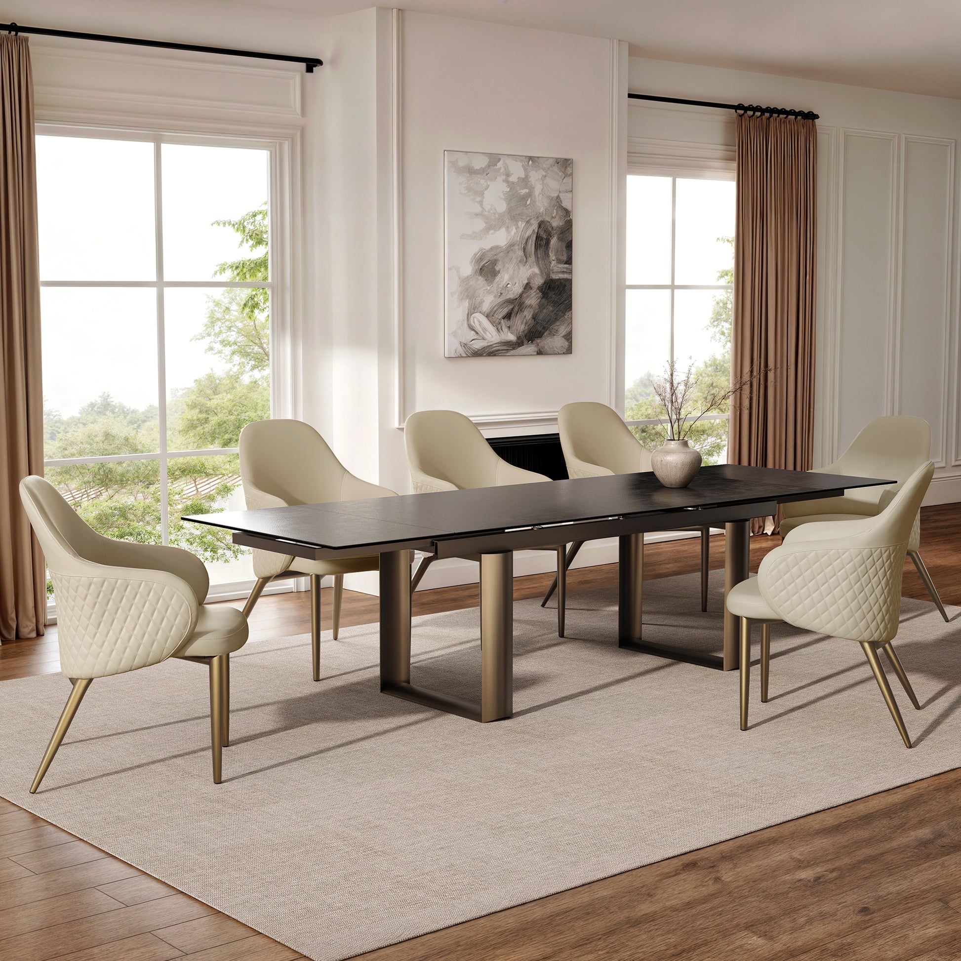 Acalay, Upholstered Dining Arm Chairs Set of 2, Beige Scene Diagram