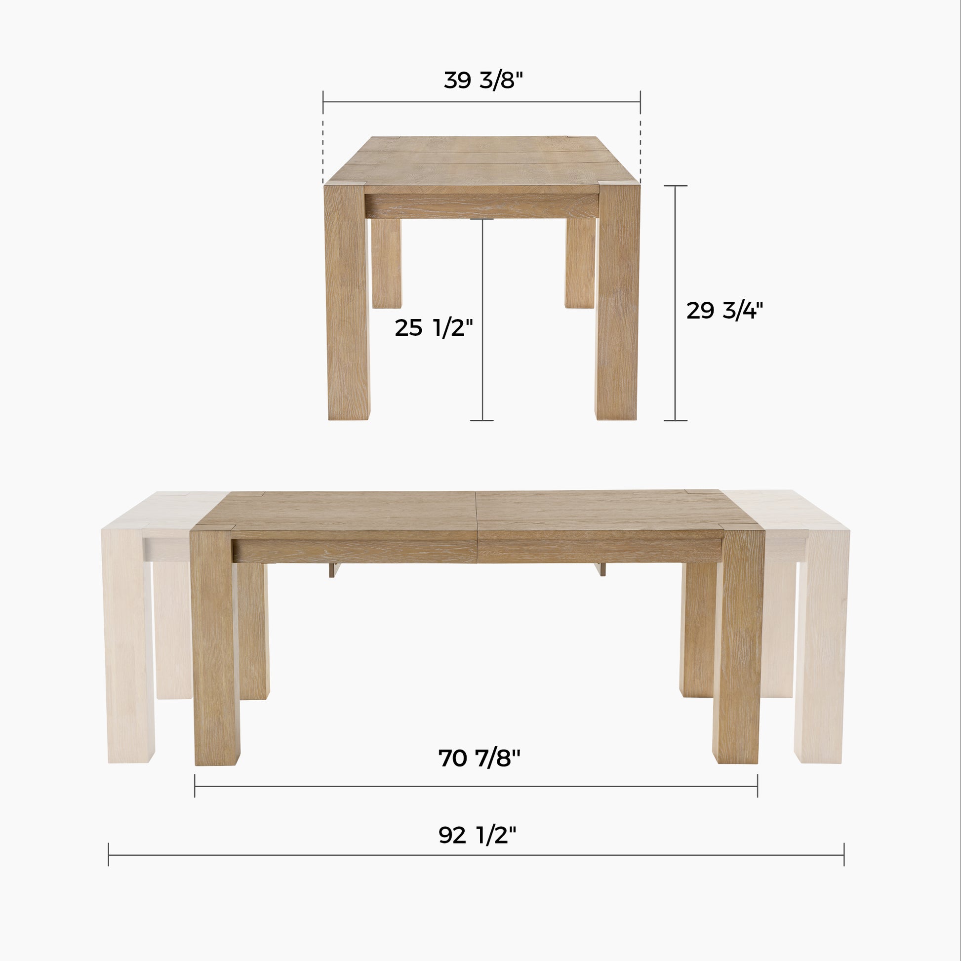 Edora, 70.9"-92.5" Extendable Kitchen Dining Table Dimension Drawing
