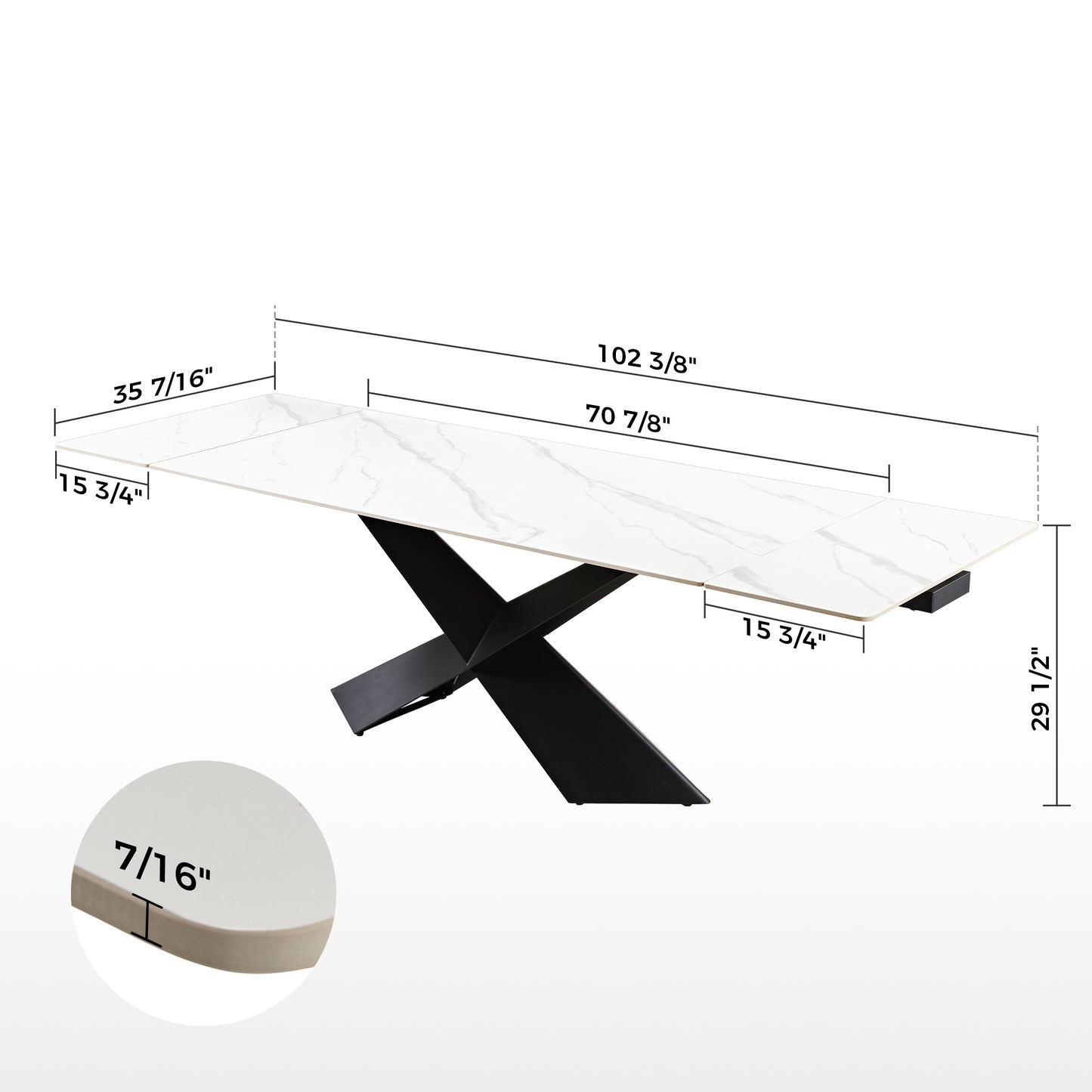 Evelyn, 70"-102" Extendable Kitchen Dining Table with Slate, White_Dimension Drawing