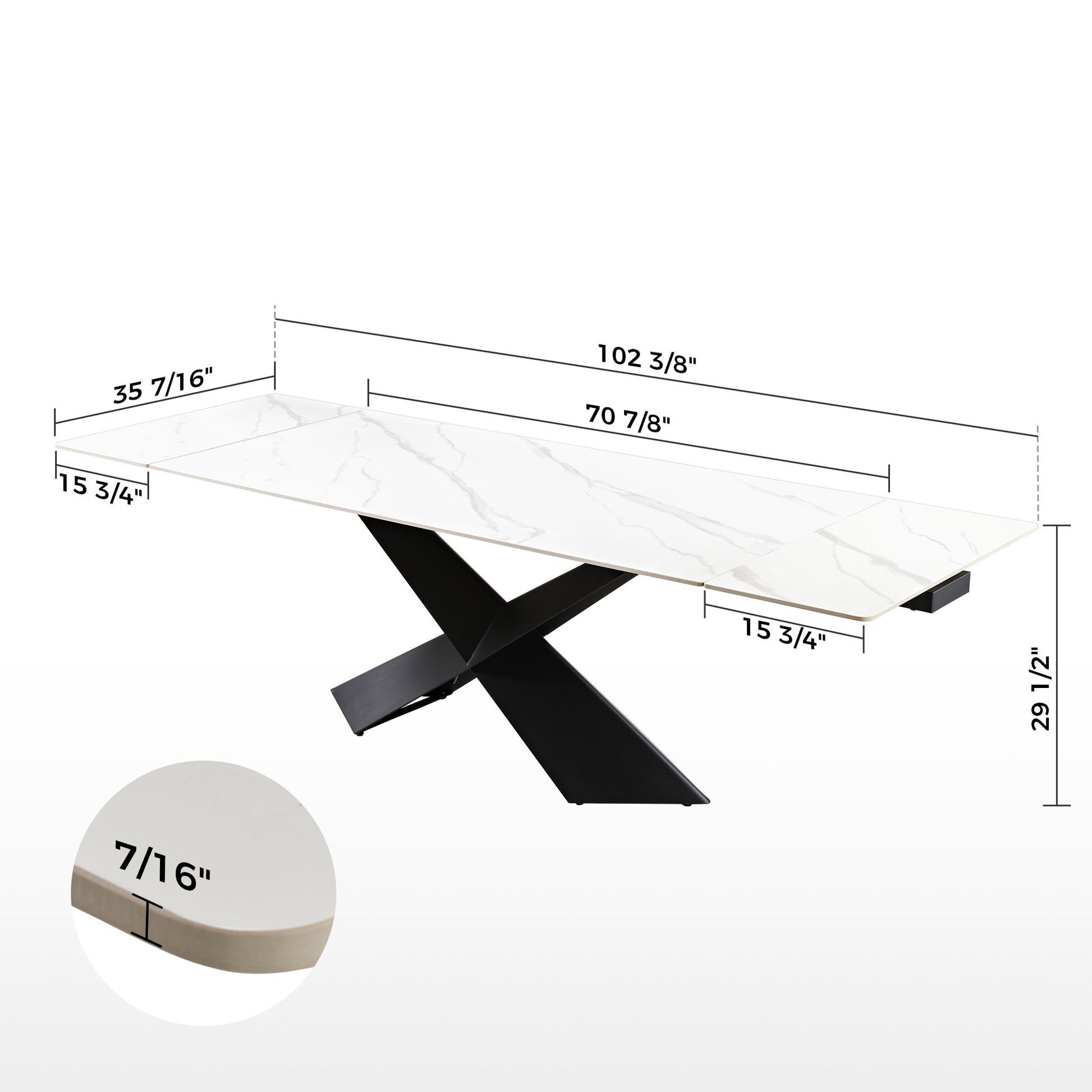 Evelyn, 70"-102" Extendable Kitchen Dining Table with Slate, White_Dimension Drawing