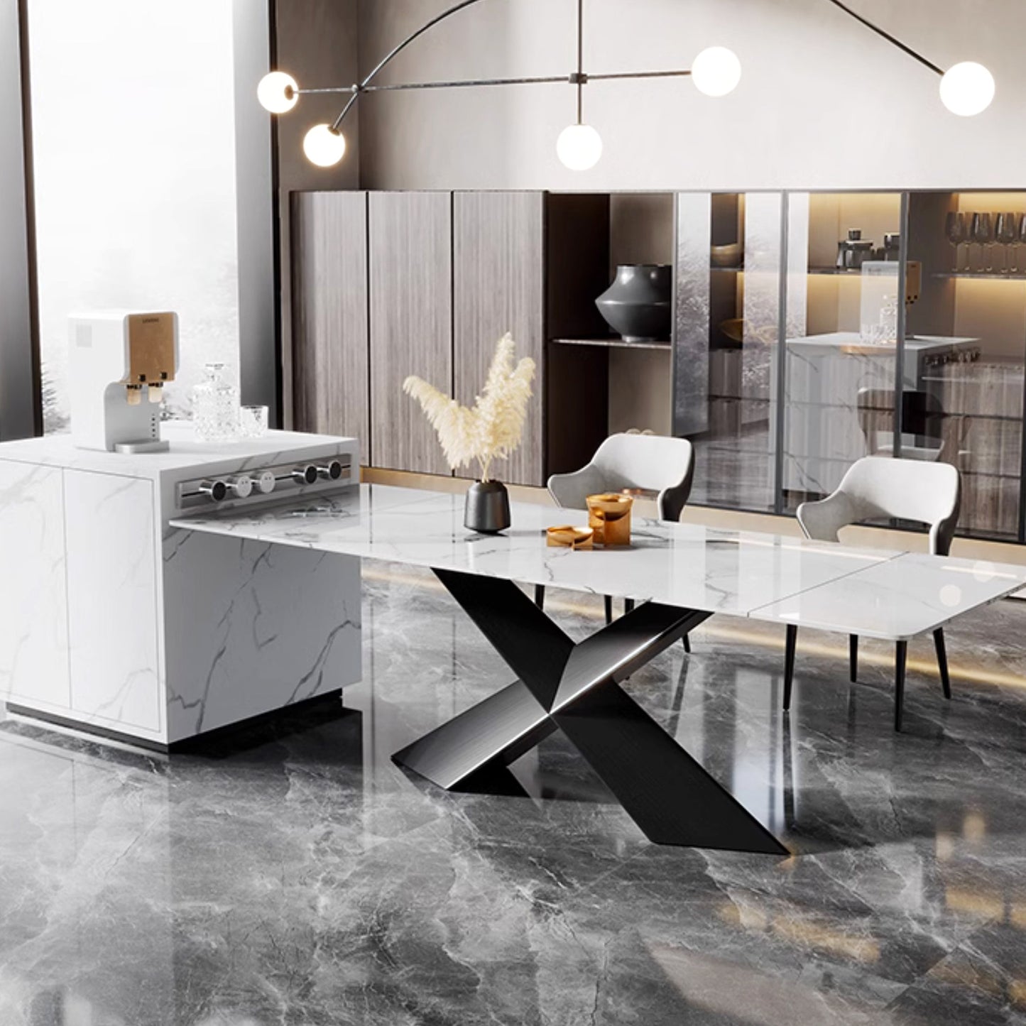 Evelyn, 70"-102" Extendable Kitchen Dining Table with Slate, White_Scene Diagram