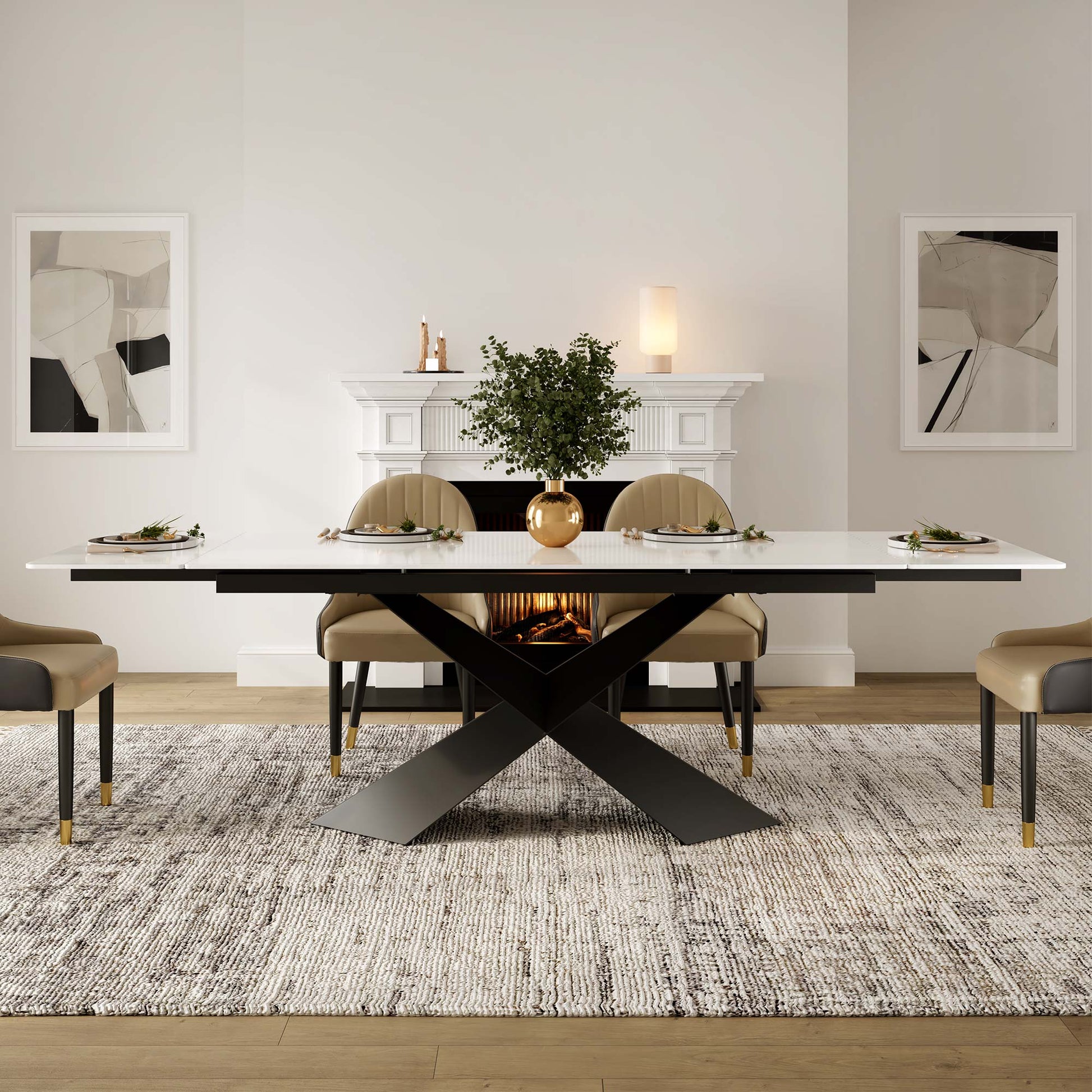 Evelyn, 70"-102" Extendable Kitchen Dining Table with Slate, White_Scene Diagram