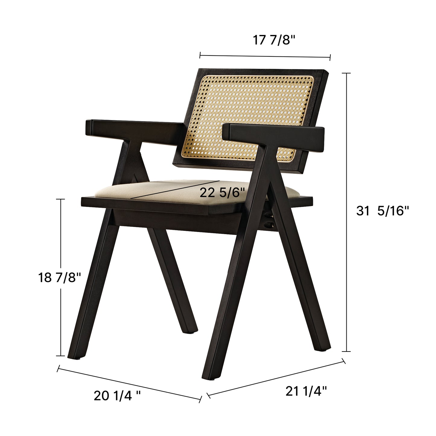 Mila Rattan Dining Chairs Set of 2, Walnut/Black Dimension Drawing