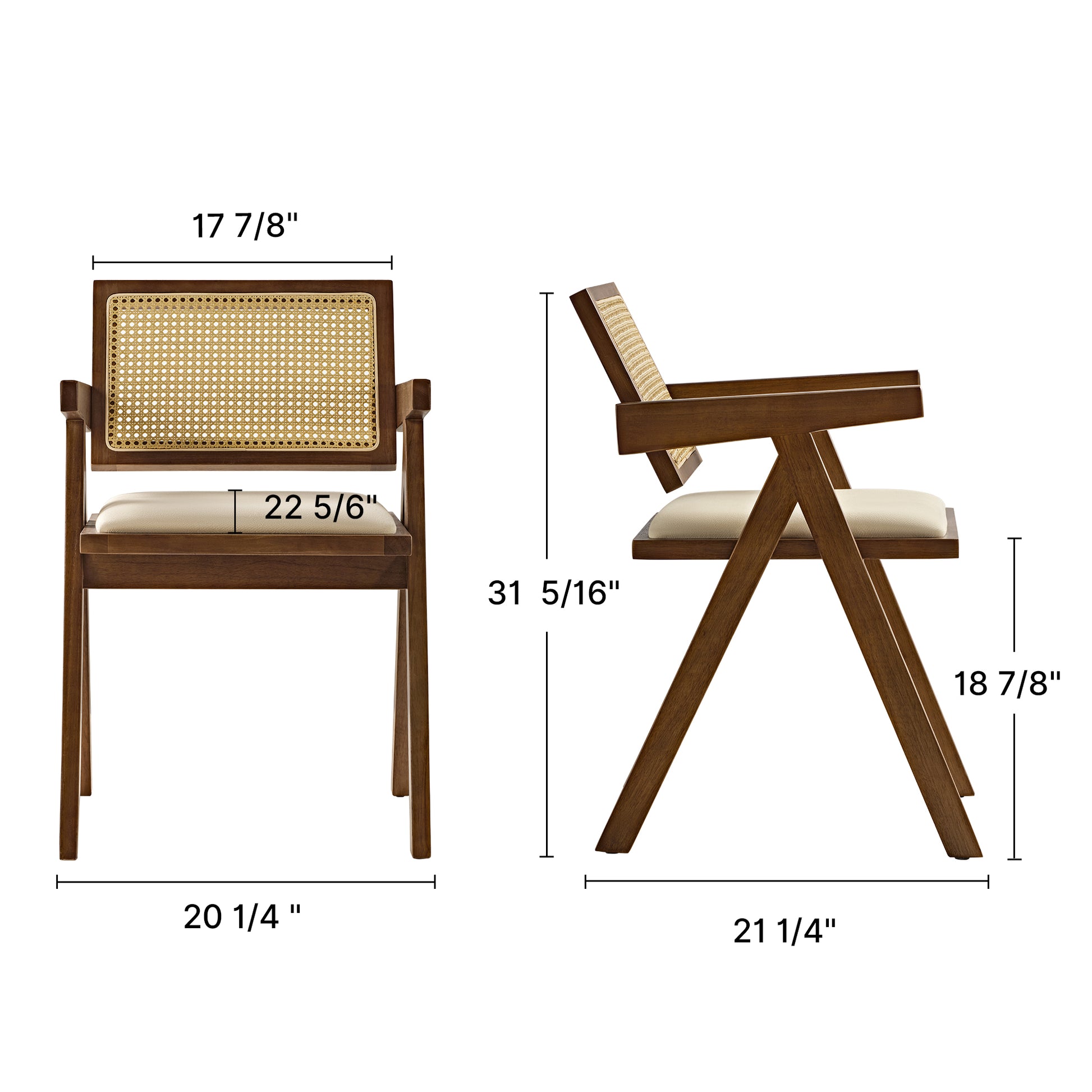 Mila Rattan Dining Chairs Set of 2, Walnut/Black Dimension Drawing