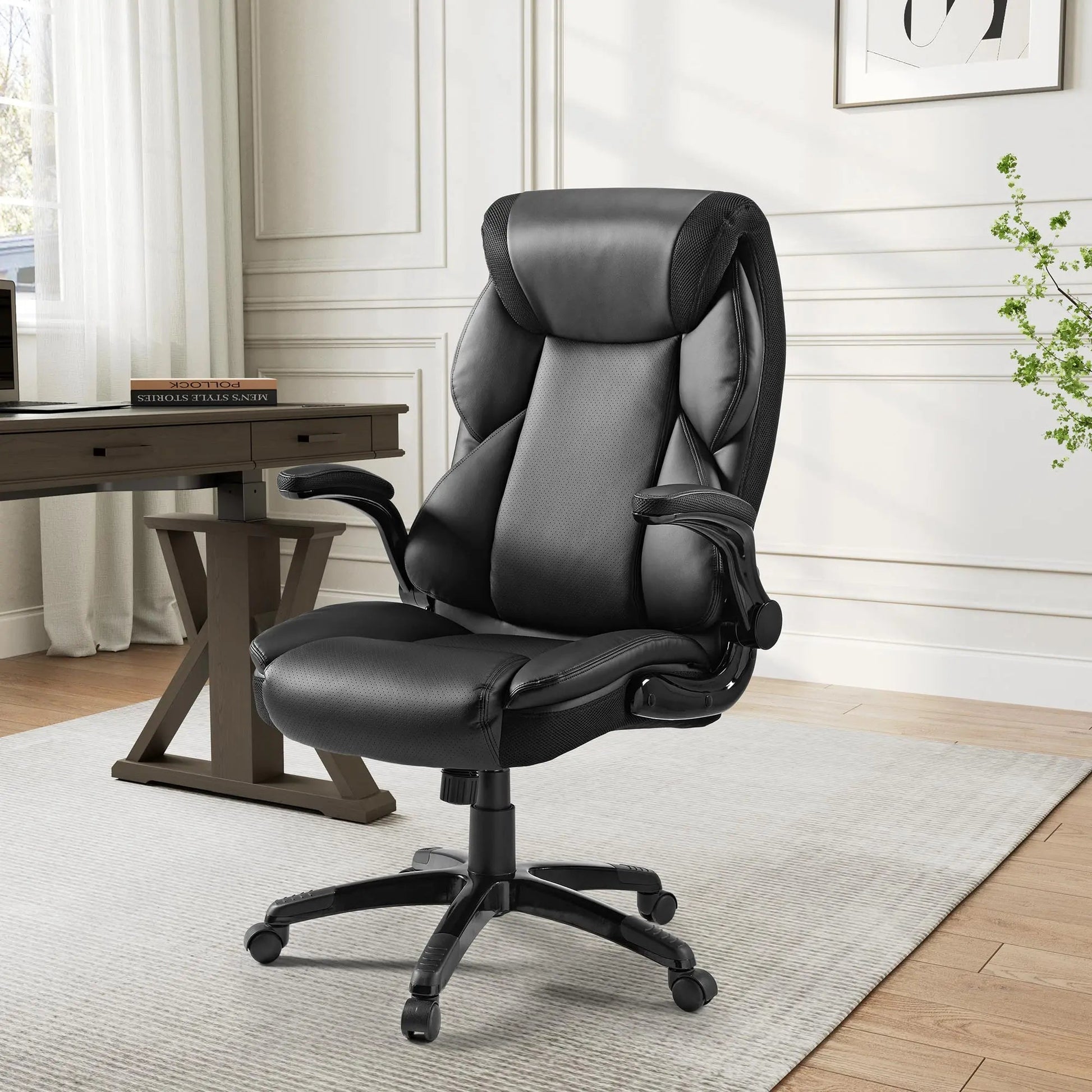Eureka Ergonomic , Home Office Chair, Black, Lifestyle on hardwood with two drawer standing desk,XL