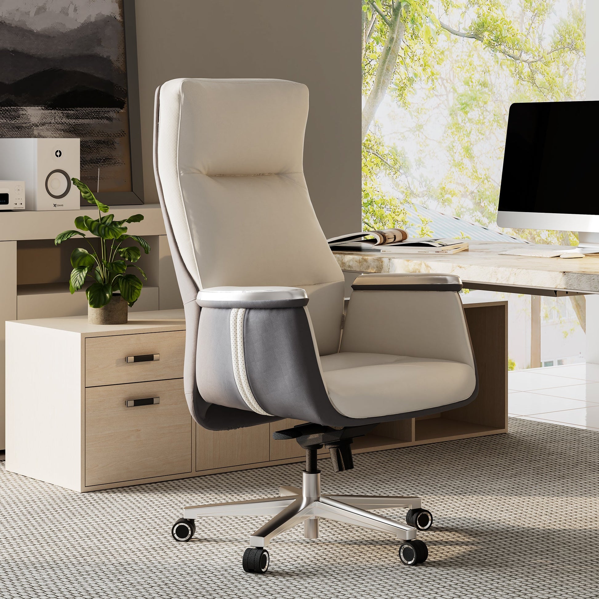 Eureka Ergonomic comfy leather executive office chair with high back, Beige Gray Royall II